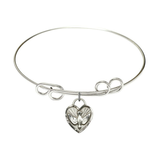 Heart Charm On A 8 1/2 Inch Round Double Loop Bangle Bracelet 
